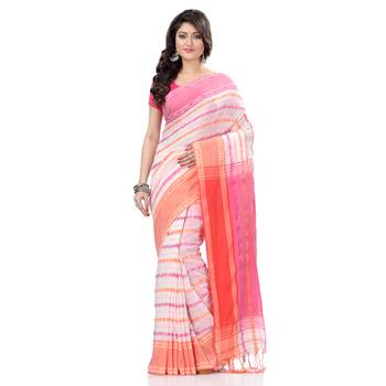 White hand woven cotton saree with blouse 2
