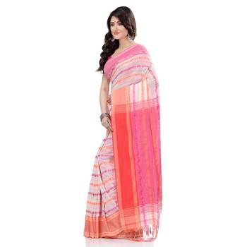 White hand woven cotton saree with blouse 3