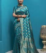 Dark Sky Blue Woven Art Silk Saree With Blouse