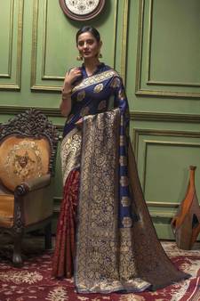 Navy Blue Woven Art Silk Saree With Blouse