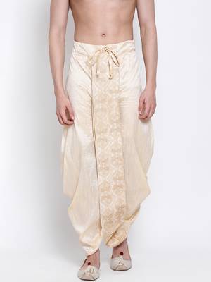 Men's Traditional Beige Coloured Embroidered Art Silk Dhoti 1