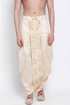 Men's Traditional Beige Coloured Embroidered Art Silk Dhoti