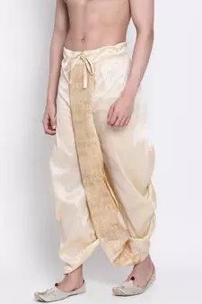Men's Traditional Beige Coloured Embroidered Art Silk Dhoti