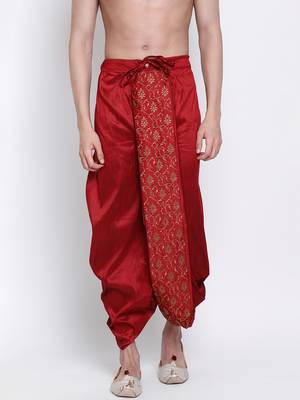 Men's Traditional Red Coloured Embroidered Art Silk Dhoti 1