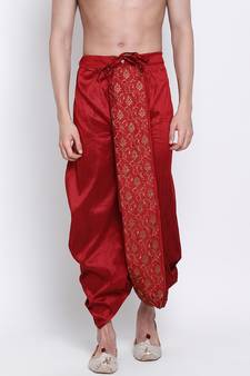 Men's Traditional Red Coloured Embroidered Art Silk Dhoti