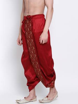 Men's Traditional Red Coloured Embroidered Art Silk Dhoti 2