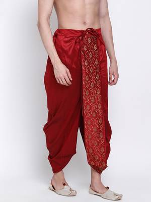 Men's Traditional Red Coloured Embroidered Art Silk Dhoti 3