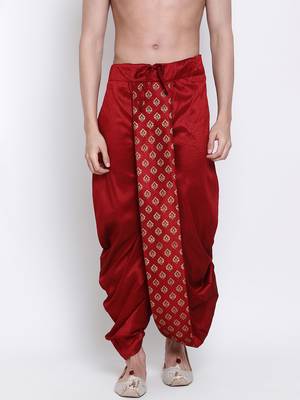 Men's Traditional Red Coloured Embroidered Art Silk Dhoti 1
