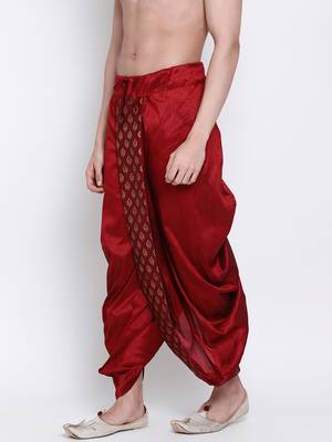 Men's Traditional Red Coloured Embroidered Art Silk Dhoti 2