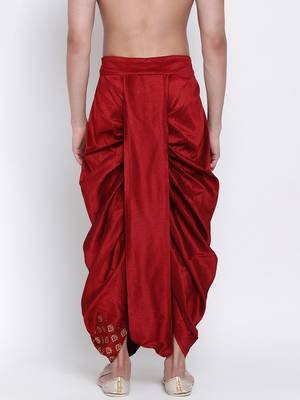 Men's Traditional Red Coloured Embroidered Art Silk Dhoti 4