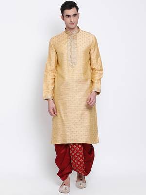 Men's Traditional Red Coloured Embroidered Art Silk Dhoti 5