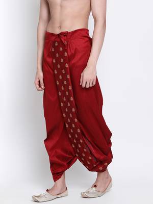 Men's Traditional Red Coloured Embroidered Art Silk Dhoti 2