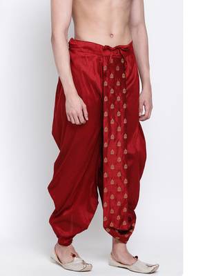 Men's Traditional Red Coloured Embroidered Art Silk Dhoti 3