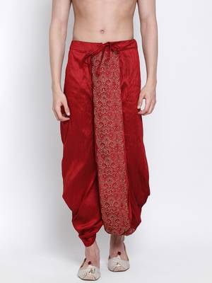 Men's Traditional Red Coloured Embroidered Art Silk Dhoti 1
