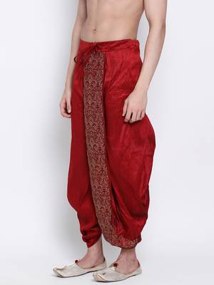 Men's Traditional Red Coloured Embroidered Art Silk Dhoti 2