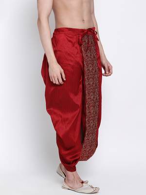 Men's Traditional Red Coloured Embroidered Art Silk Dhoti 3