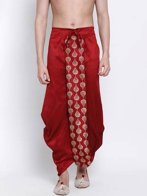 Men's Traditional Red Coloured Embroidered Art Silk Dhoti 1