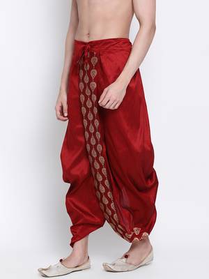 Men's Traditional Red Coloured Embroidered Art Silk Dhoti 2