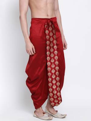Men's Traditional Red Coloured Embroidered Art Silk Dhoti 3