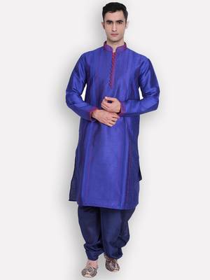 Men's Traditional Deep Blue Coloured Plain Art Silk Dhoti 5