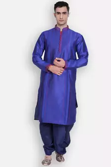 Men's Traditional Deep Blue Coloured Plain Art Silk Dhoti