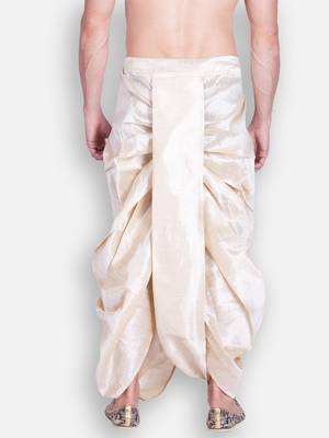 Men's Traditional Light Beige Coloured Plain Art Silk Dhoti 4