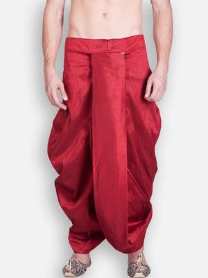 Men's Traditional Red Coloured Plain Art Silk Dhoti 1