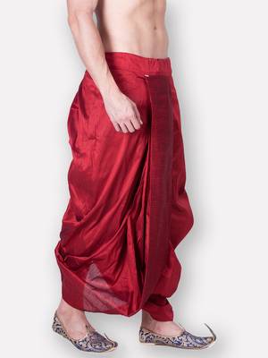 Men's Traditional Red Coloured Plain Art Silk Dhoti 2