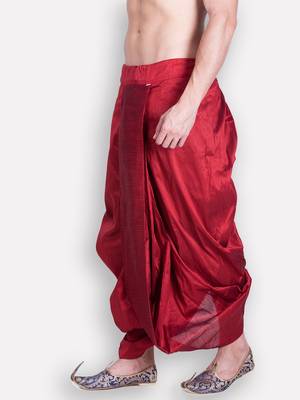 Men's Traditional Red Coloured Plain Art Silk Dhoti 3