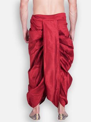 Men's Traditional Red Coloured Plain Art Silk Dhoti 4