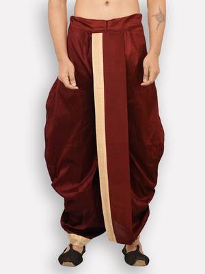 Men's Traditional Marron Coloured Plain Art Silk Dhoti 1