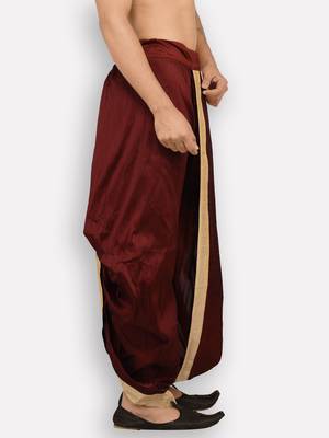 Men's Traditional Marron Coloured Plain Art Silk Dhoti 3