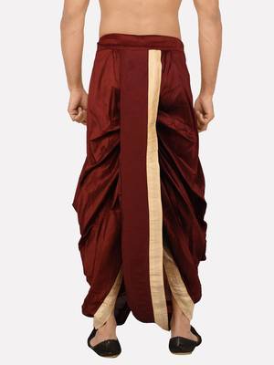 Men's Traditional Marron Coloured Plain Art Silk Dhoti 4