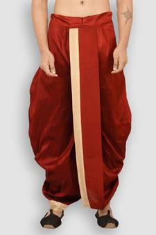 Men's Traditional Red Coloured Plain Art Silk Dhoti