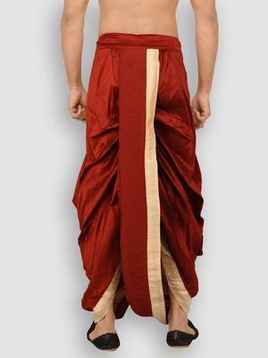 Men's Traditional Red Coloured Plain Art Silk Dhoti 4