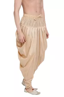 Men's Traditional Beige Coloured plain Pattern Art Silk Kaul Dhoti
