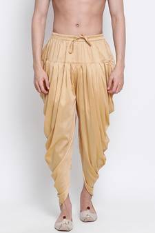 Men's Traditional Fawn Coloured plain Pattern Art Silk Kaul Dhoti