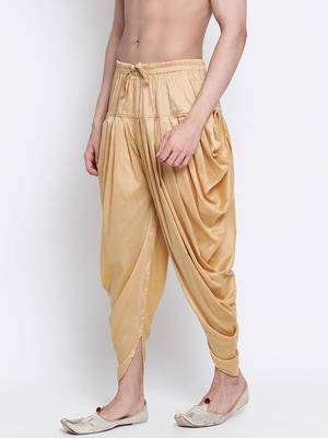 Men's Traditional Fawn Coloured plain Pattern Art Silk Kaul Dhoti 2