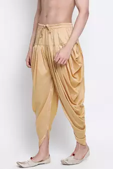 Men's Traditional Fawn Coloured plain Pattern Art Silk Kaul Dhoti