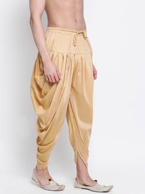 Men's Traditional Fawn Coloured plain Pattern Art Silk Kaul Dhoti 3
