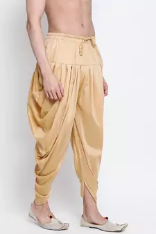 Men's Traditional Fawn Coloured plain Pattern Art Silk Kaul Dhoti