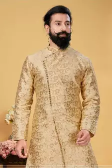 brown silk plain stitched Men Indo Western Set