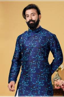 blue silk plain stitched Men Indo Western Set