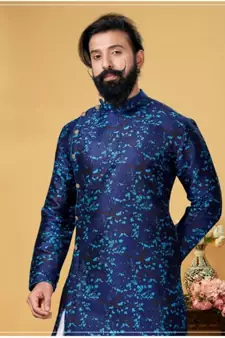 blue silk plain stitched Men Indo Western Set