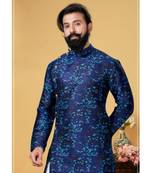 blue silk plain stitched Men Indo Western Set