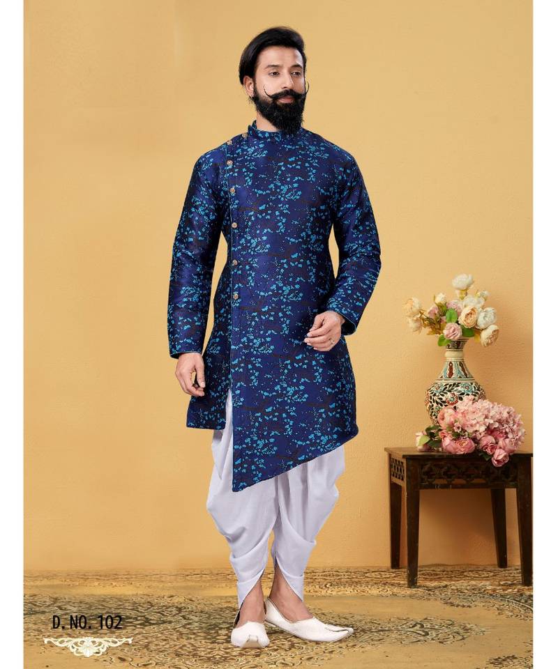 blue silk plain stitched Men Indo Western Set