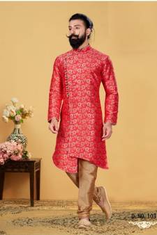 red silk plain stitched Men Indo Western Set