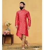 red silk plain stitched Men Indo Western Set