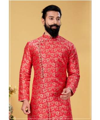 red silk plain stitched Men Indo Western Set 2