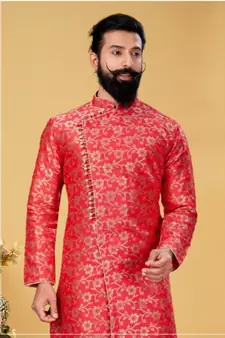 red silk plain stitched Men Indo Western Set